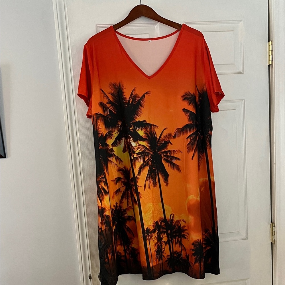 SHEIN Orange and Black Palm Tree Midi Dress